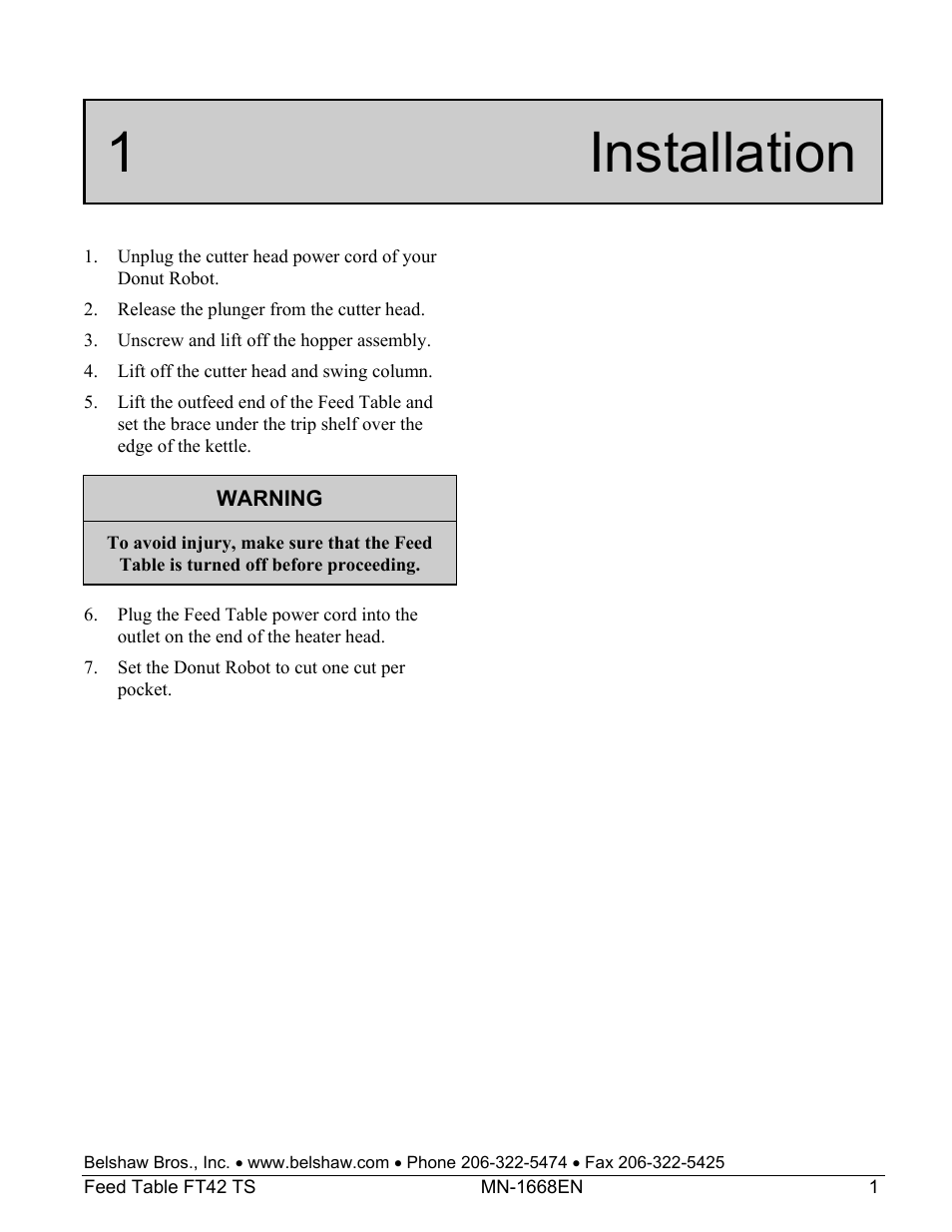 1 installation | Belshaw Adamatic FT42 Feed Table User Manual | Page 15 / 23