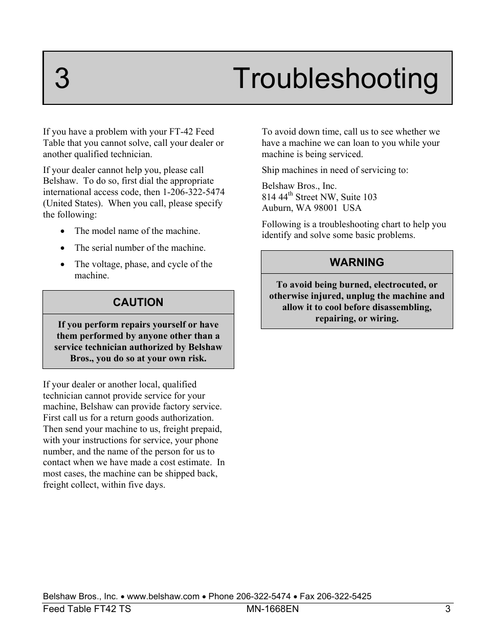 3 troubleshooting | Belshaw Adamatic FT42 Feed Table User Manual | Page 17 / 23