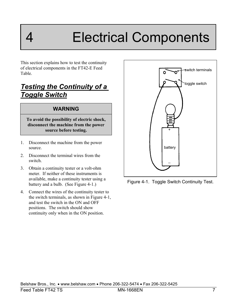 4 electrical components, Testing the continuity of a toggle switch | Belshaw Adamatic FT42 Feed Table User Manual | Page 21 / 23