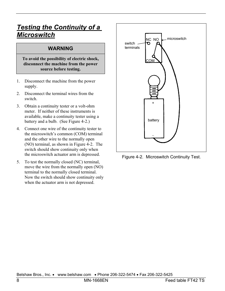 Testing the continuity of a microswitch, Warning | Belshaw Adamatic FT42 Feed Table User Manual | Page 22 / 23
