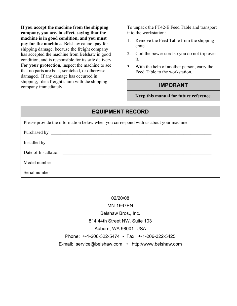 Belshaw Adamatic FT42 Feed Table User Manual | Page 3 / 23