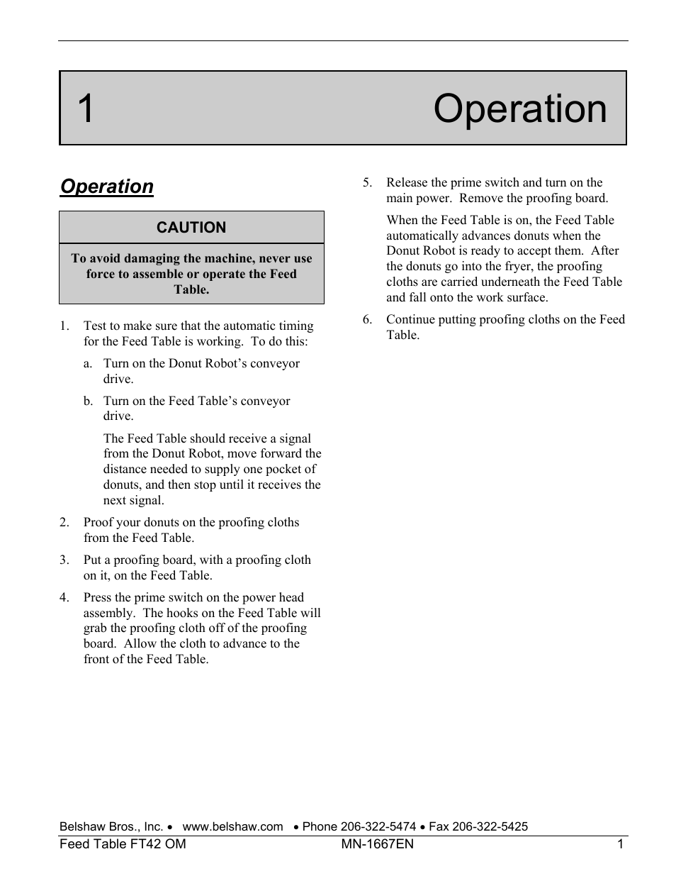 1 operation, Operation | Belshaw Adamatic FT42 Feed Table User Manual | Page 7 / 23