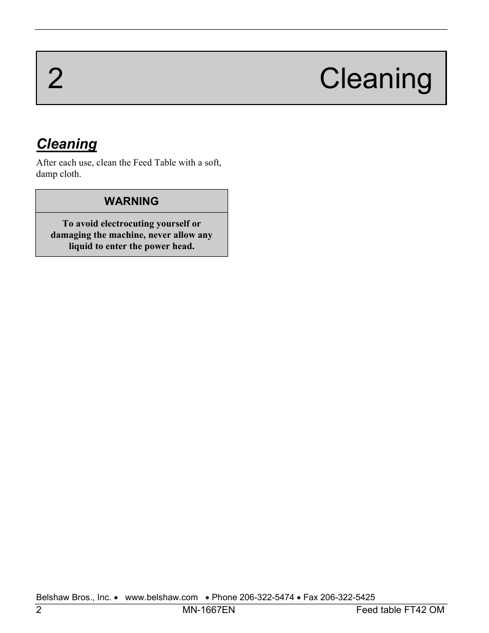 2 cleaning, Cleaning | Belshaw Adamatic FT42 Feed Table User Manual | Page 8 / 23