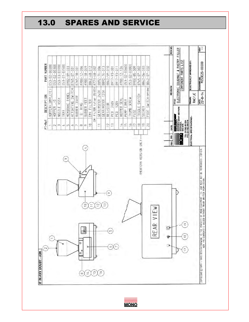 0 spares and service | Belshaw Adamatic AutoFiller Donut Injector User Manual | Page 14 / 18