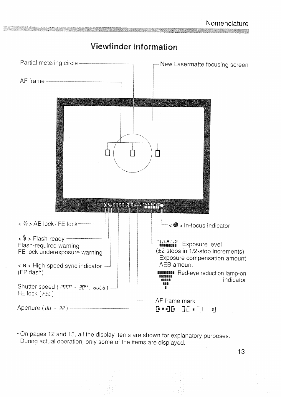Viewfinder information, Nomenclature | Canon EOS 3000 N User Manual | Page 13 / 83