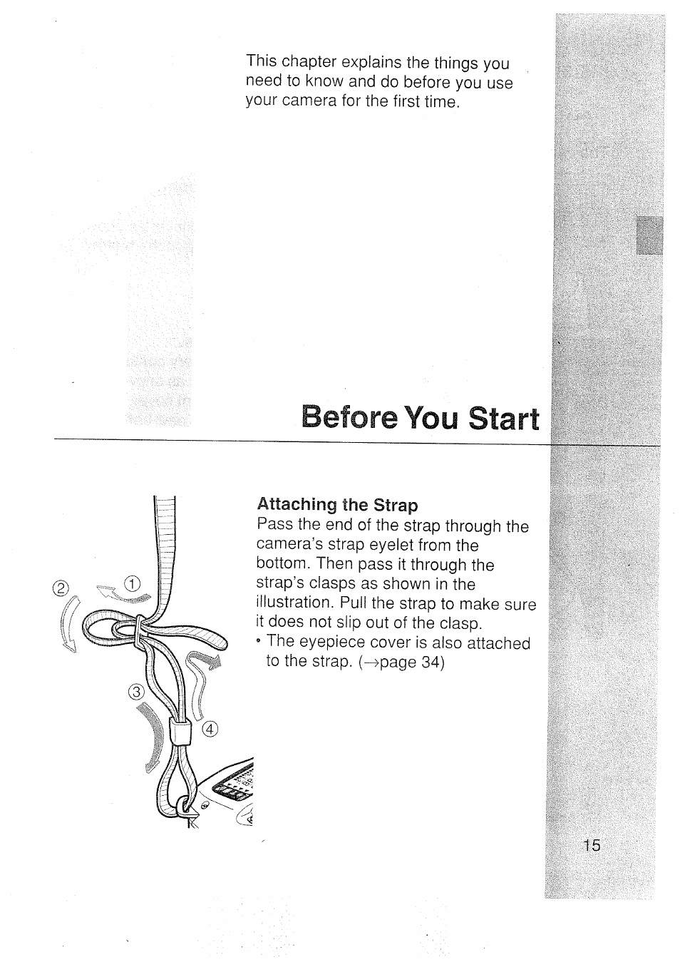 Attaching the strap, Before you start | Canon EOS 3000 N User Manual | Page 15 / 83