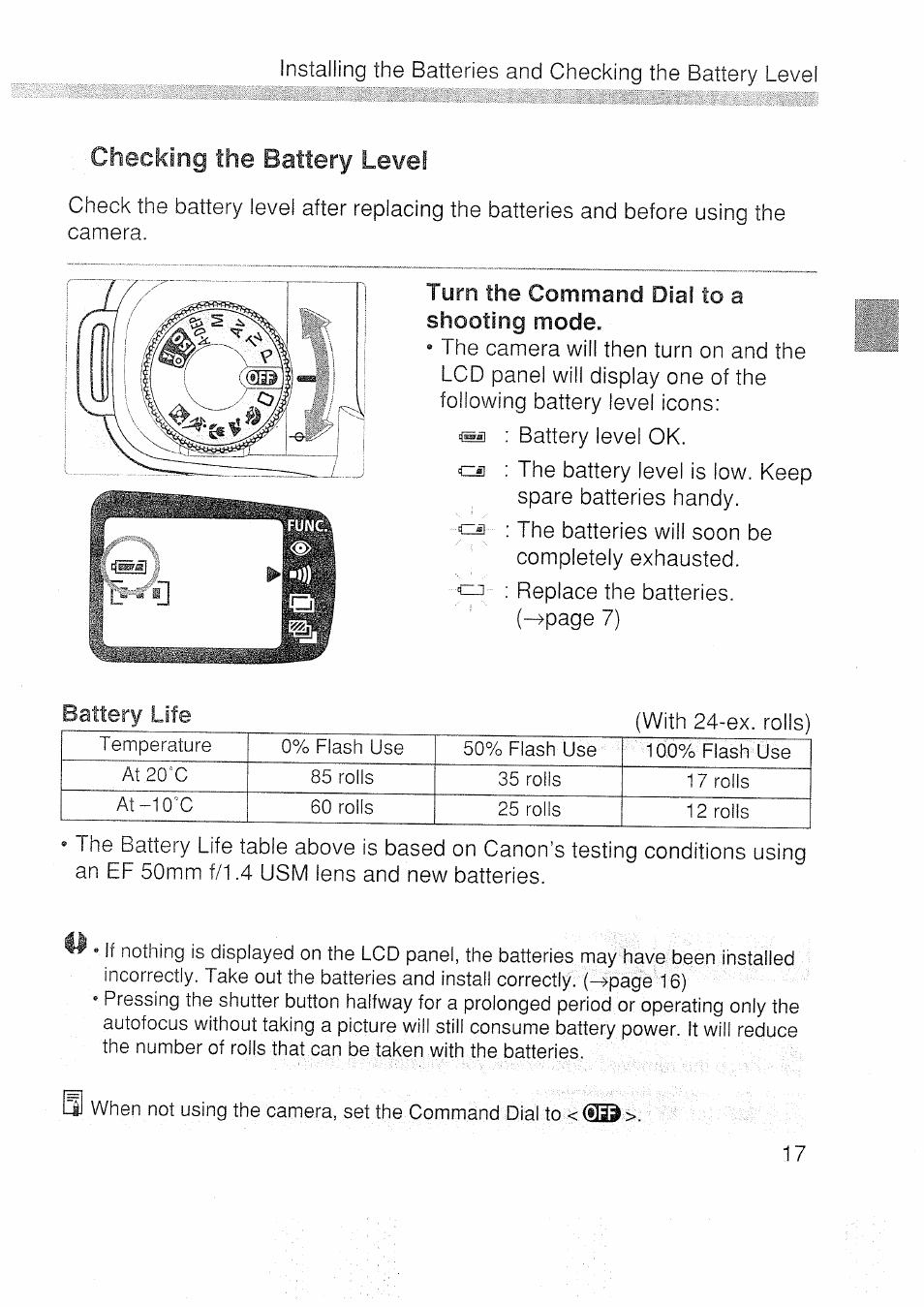 Checking the battery level | Canon EOS 3000 N User Manual | Page 17 / 83