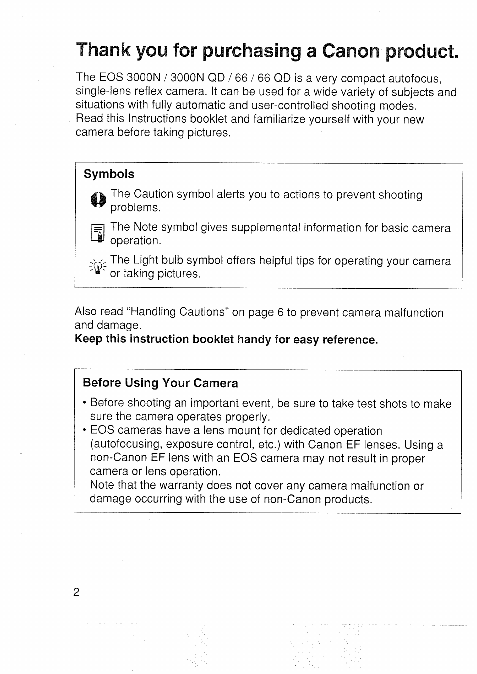 Thank you for purchasing a canon product, Before using your camera | Canon EOS 3000 N User Manual | Page 2 / 83