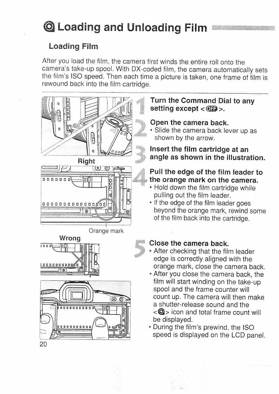 Loading and unloading film, Close the camera back | Canon EOS 3000 N User Manual | Page 20 / 83