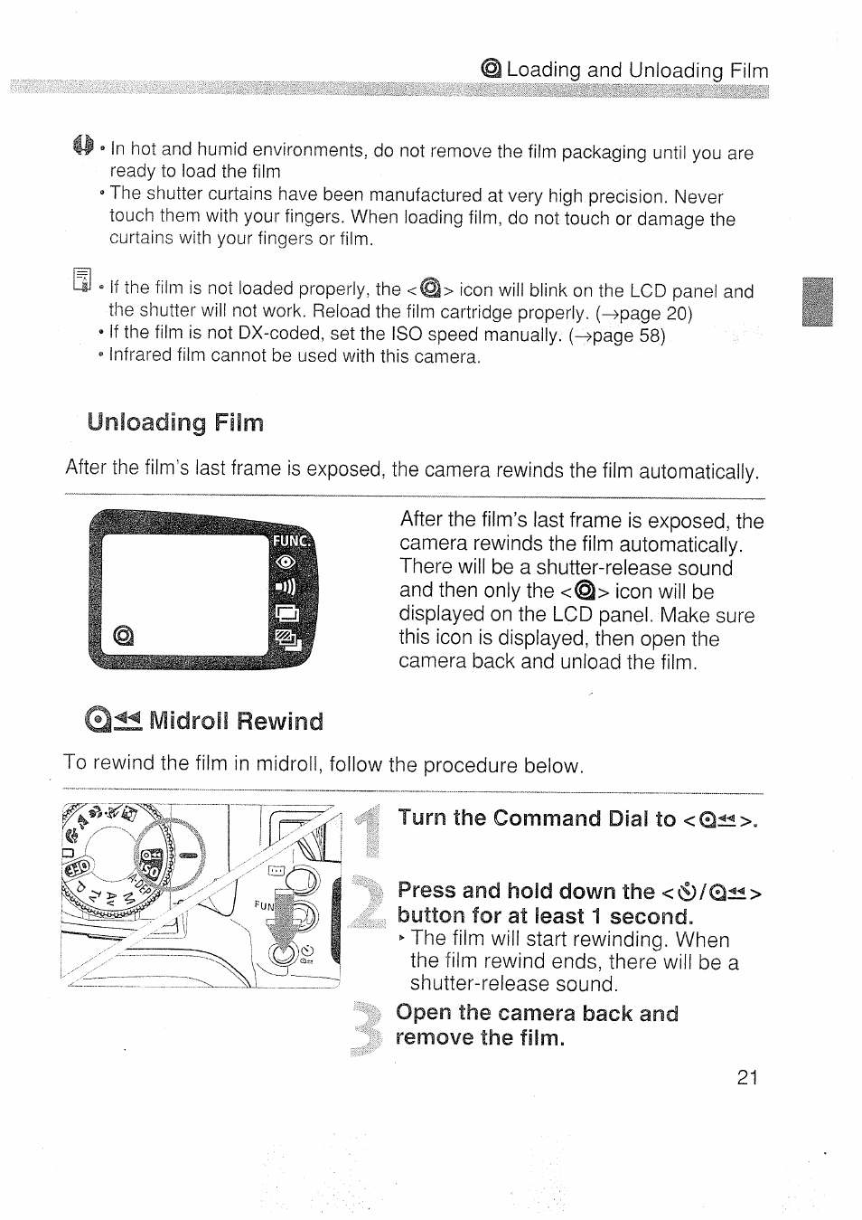 Unloading film, 0^ midroli rewind | Canon EOS 3000 N User Manual | Page 21 / 83