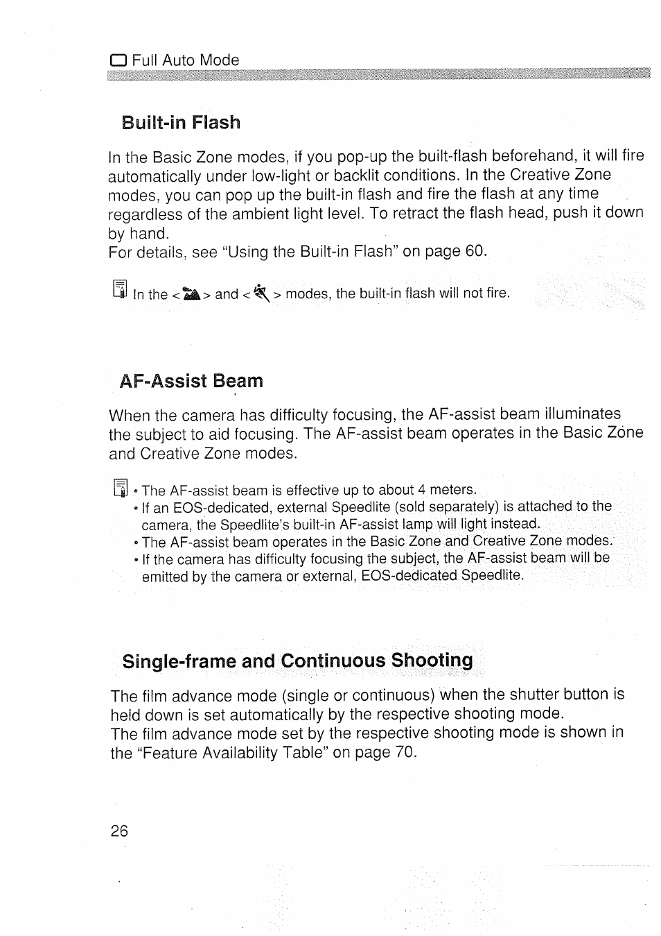 Built-in flash, Single-frame and continuous shooting, Af-assist beam | Canon EOS 3000 N User Manual | Page 26 / 83