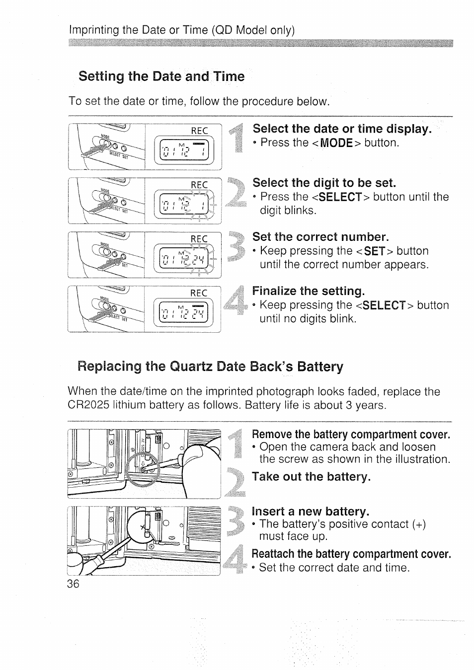 Select the date or time display, Select the digit to be set, Set the correct number | Finalize the setting, Remove the battery compartment cover, Insert a new battery, Setting the date and time, Date back’s battery, Replacing, Quartz | Canon EOS 3000 N User Manual | Page 36 / 83