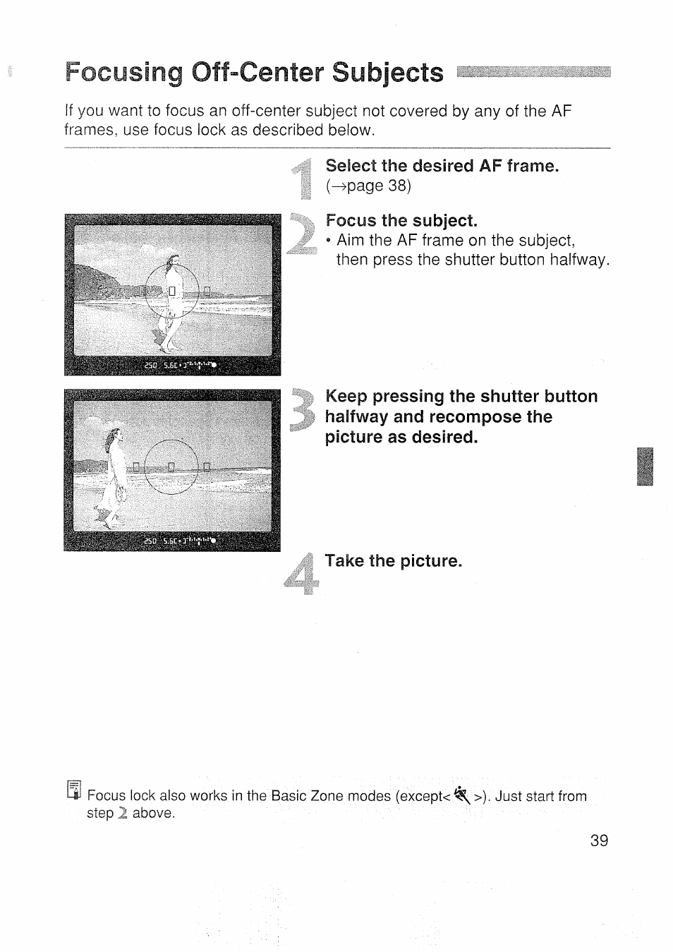 Focusing off-center subjects, Focus the subject, Take the picture | Canon EOS 3000 N User Manual | Page 39 / 83