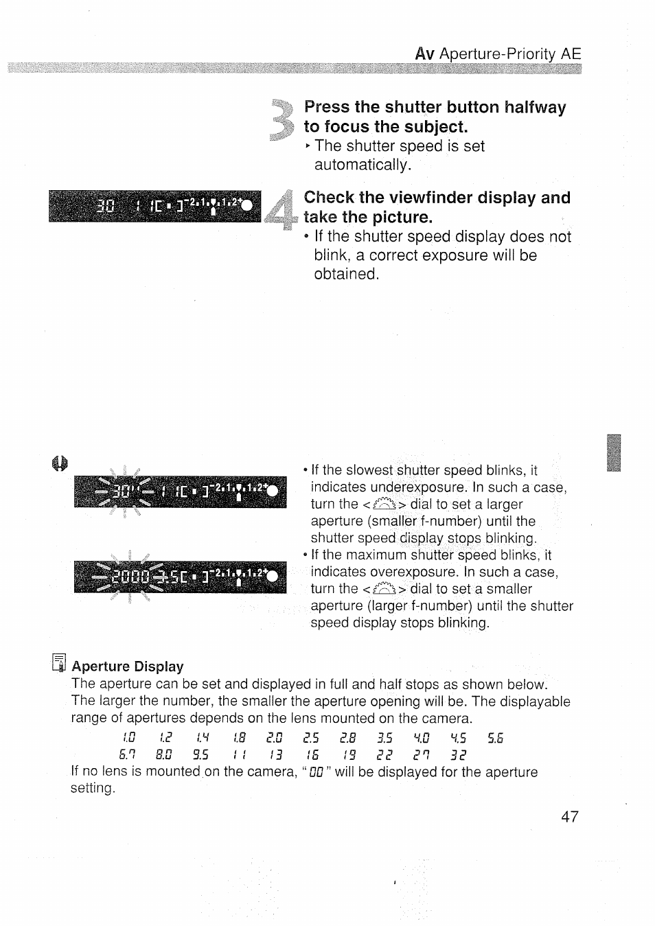 Check the viewfinder display and take the picture | Canon EOS 3000 N User Manual | Page 47 / 83