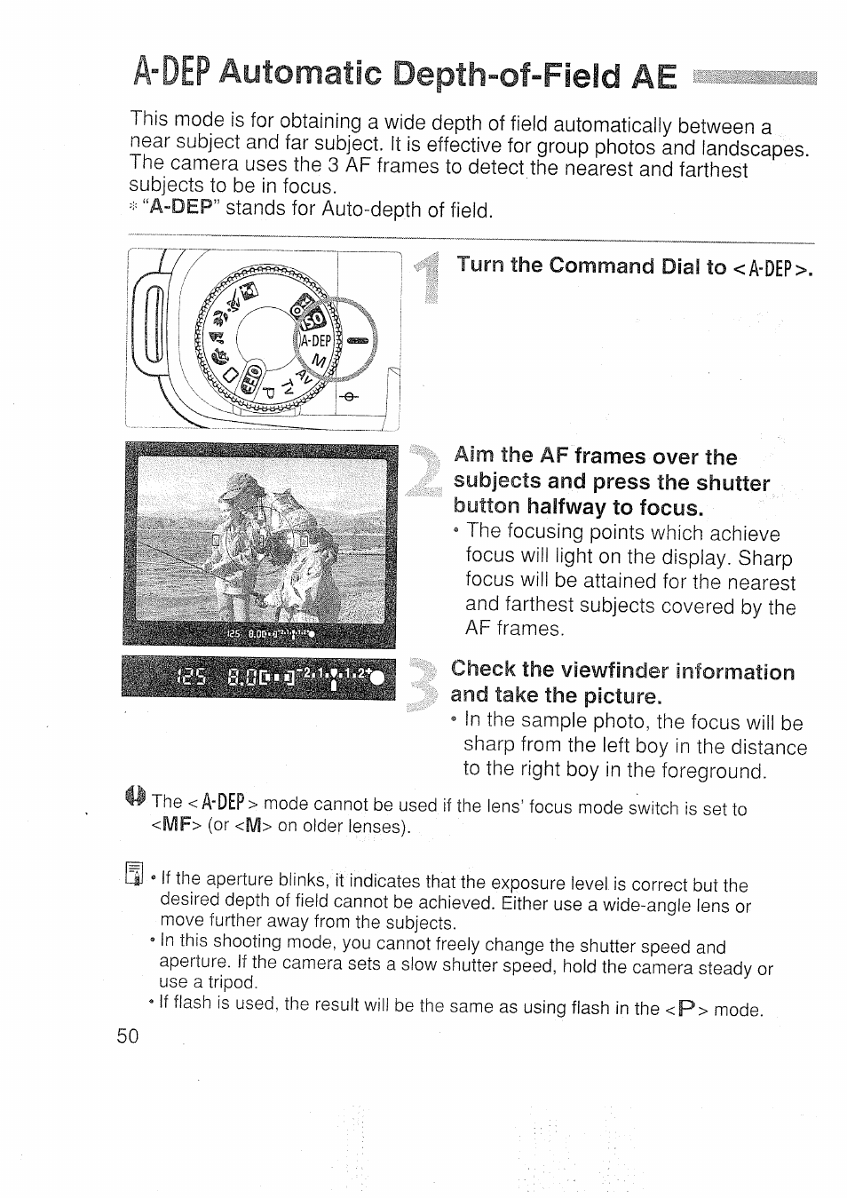 A’dep, Automatic depth-of-field ae | Canon EOS 3000 N User Manual | Page 50 / 83