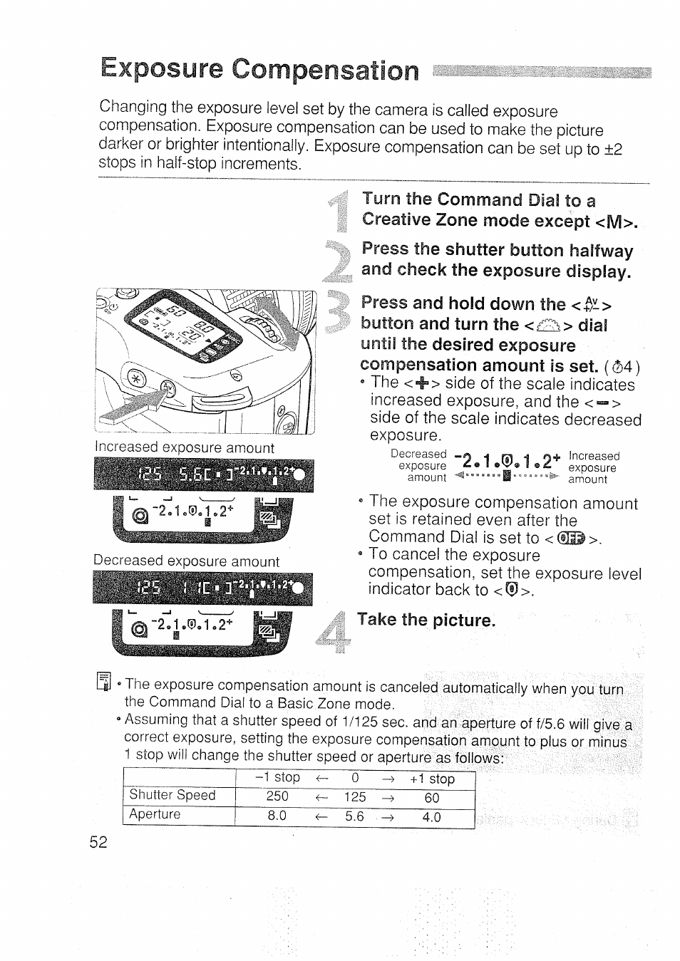 Exposure compensation | Canon EOS 3000 N User Manual | Page 52 / 83