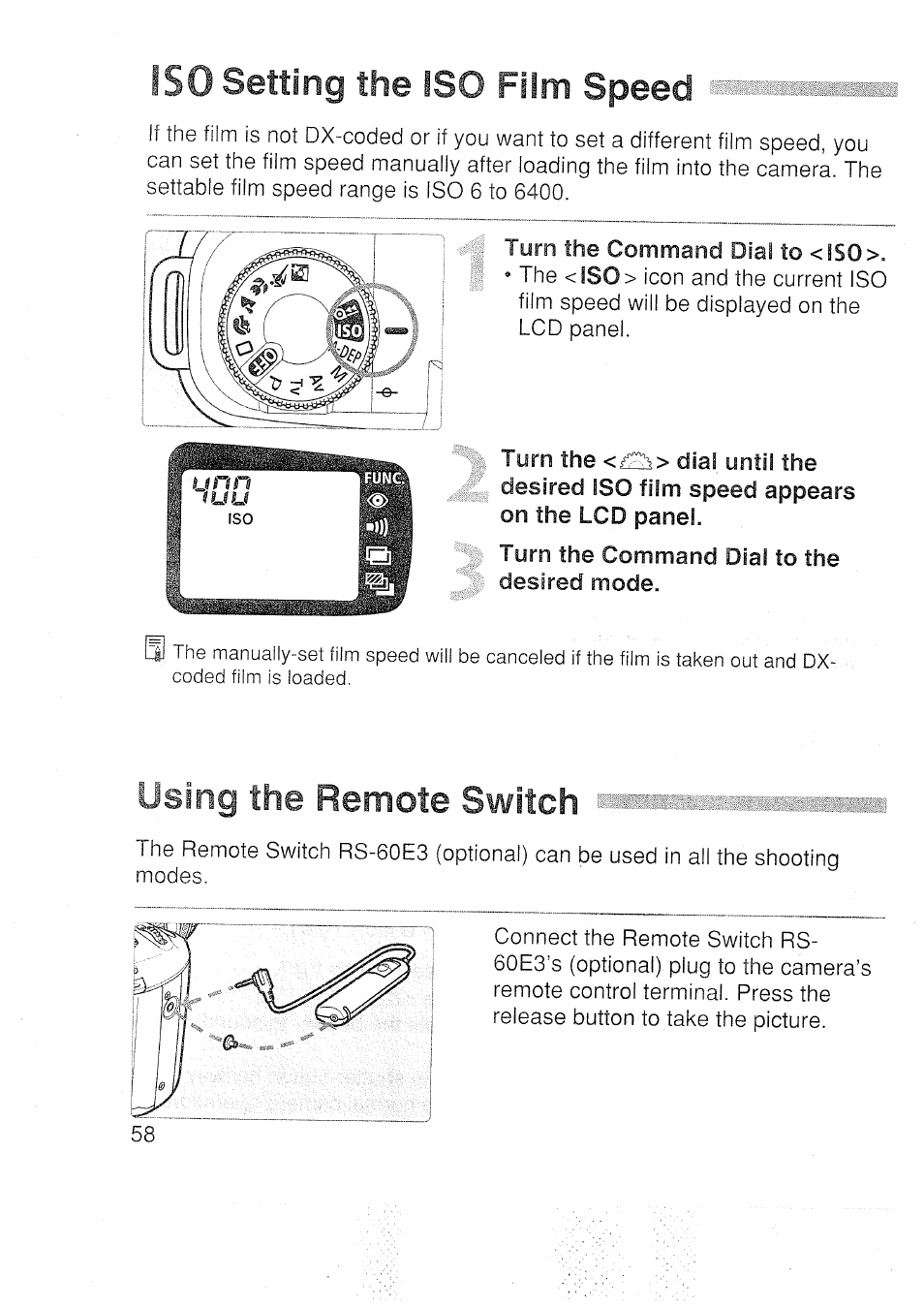 Iso setting the iso film speed, Using the remote, Iso setting the | Film speed, Switch | Canon EOS 3000 N User Manual | Page 58 / 83