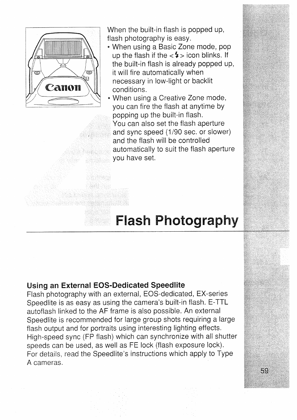 Using an external eos-dedicated speedlite, Flash photography | Canon EOS 3000 N User Manual | Page 59 / 83