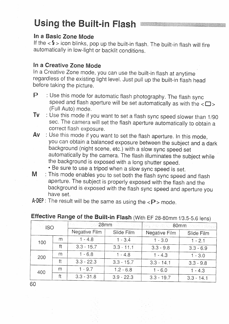 Using the built-in flash | Canon EOS 3000 N User Manual | Page 60 / 83