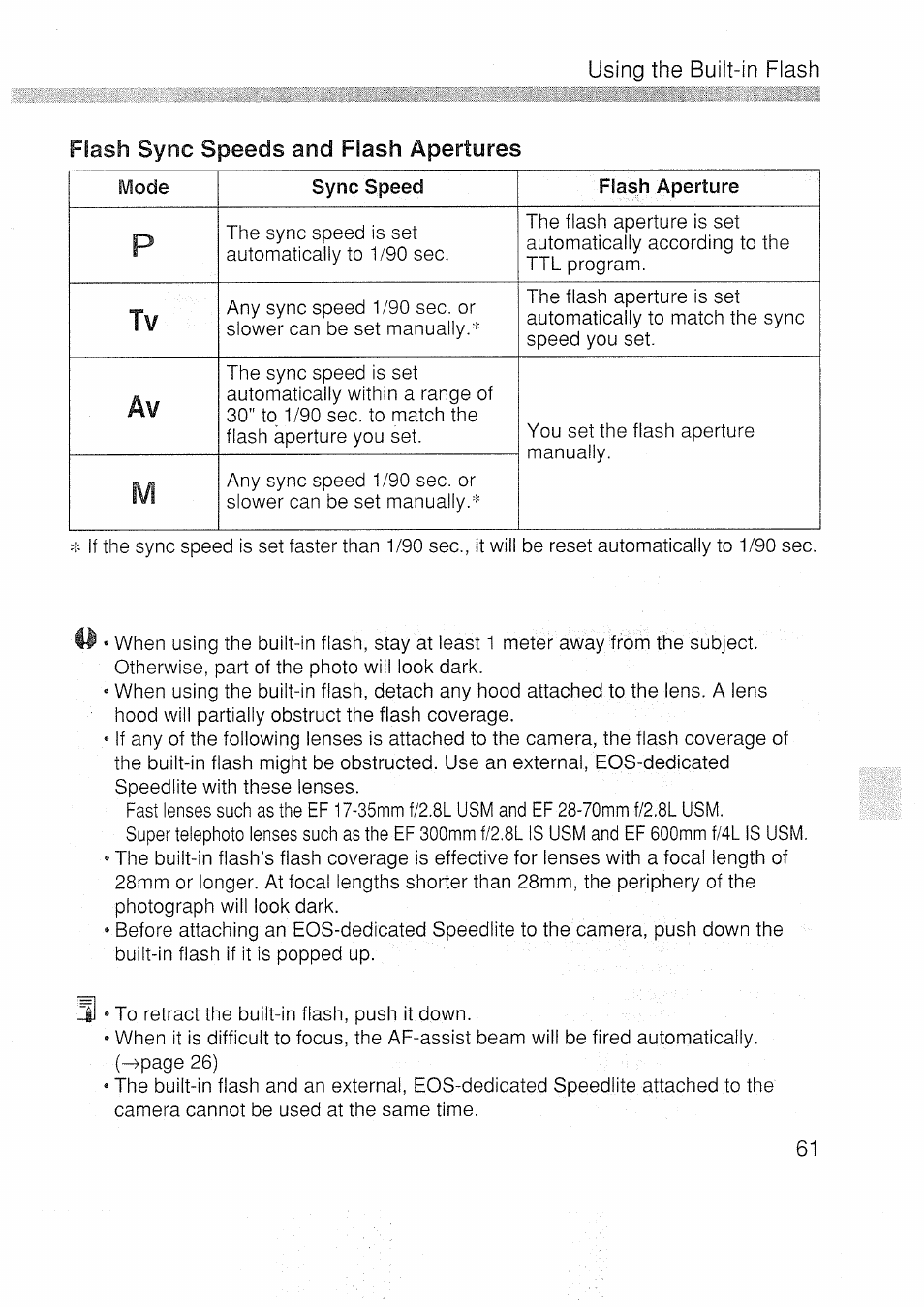 Flash sync speeds and flash apertures | Canon EOS 3000 N User Manual | Page 61 / 83