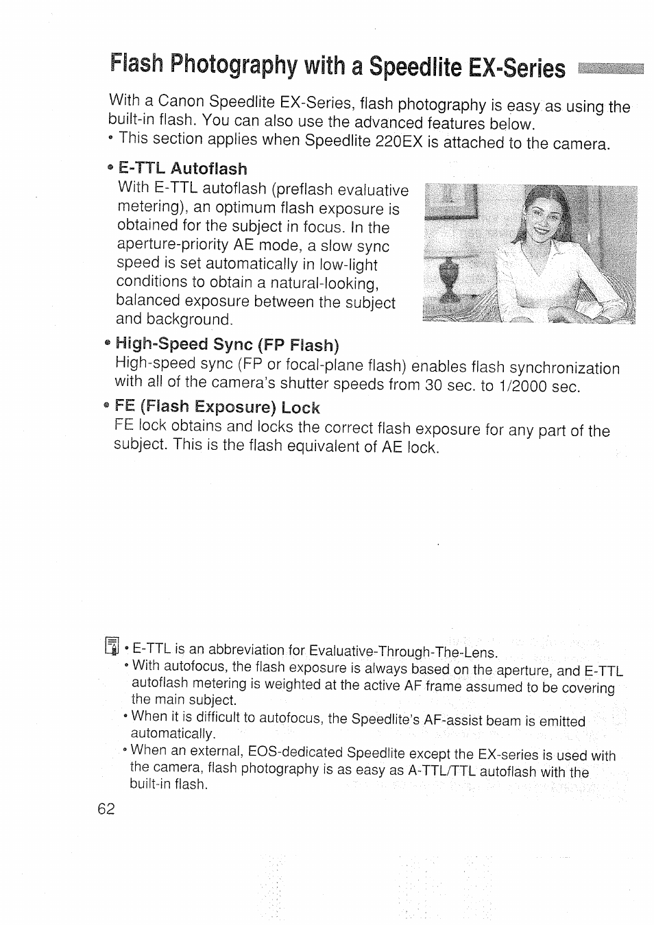 Flash photography with a speedlite ex-series | Canon EOS 3000 N User Manual | Page 62 / 83