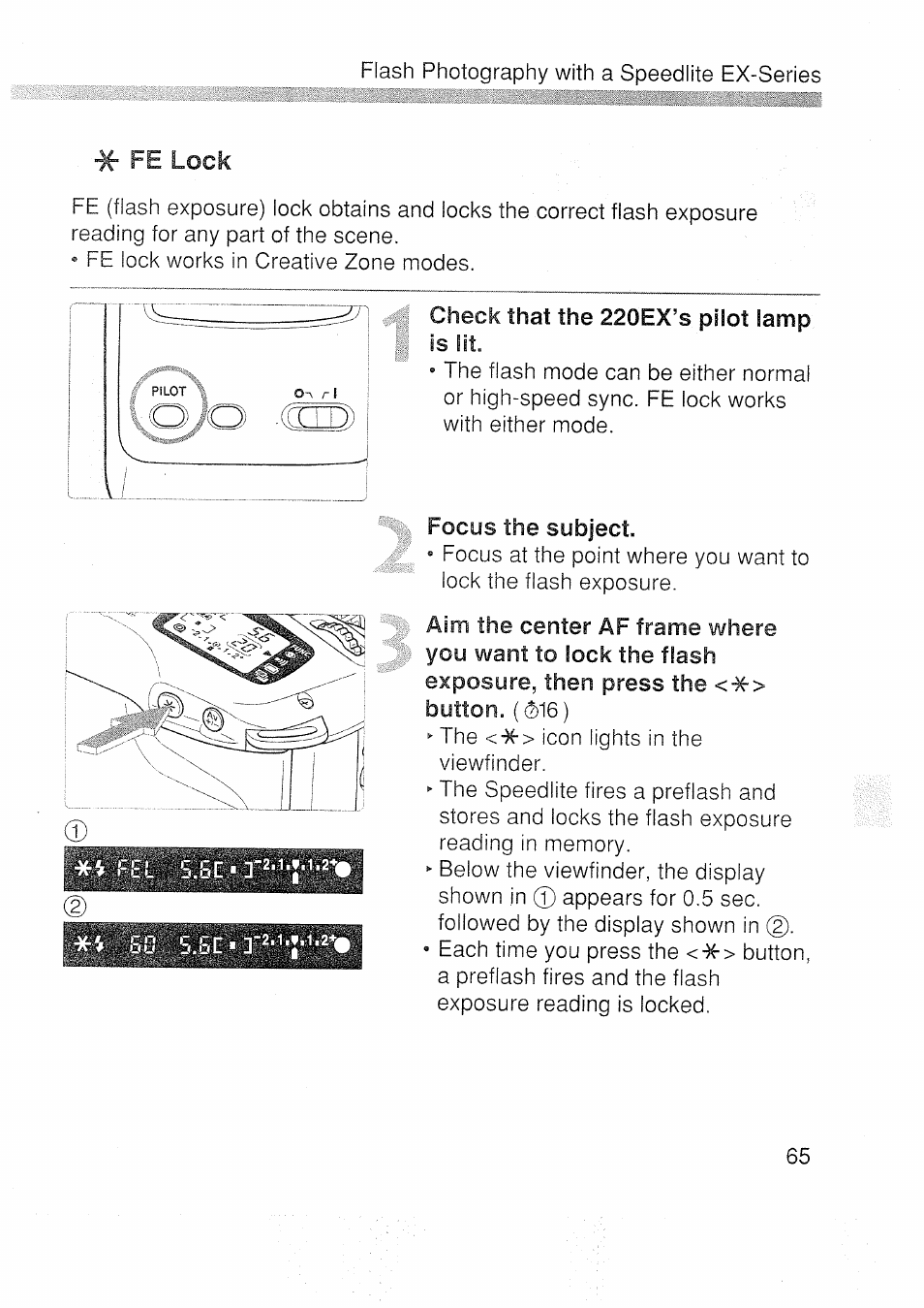 Check that the 220ex’s pilot lamp, Focus the subject, Lojo -(ct) | Lock | Canon EOS 3000 N User Manual | Page 65 / 83
