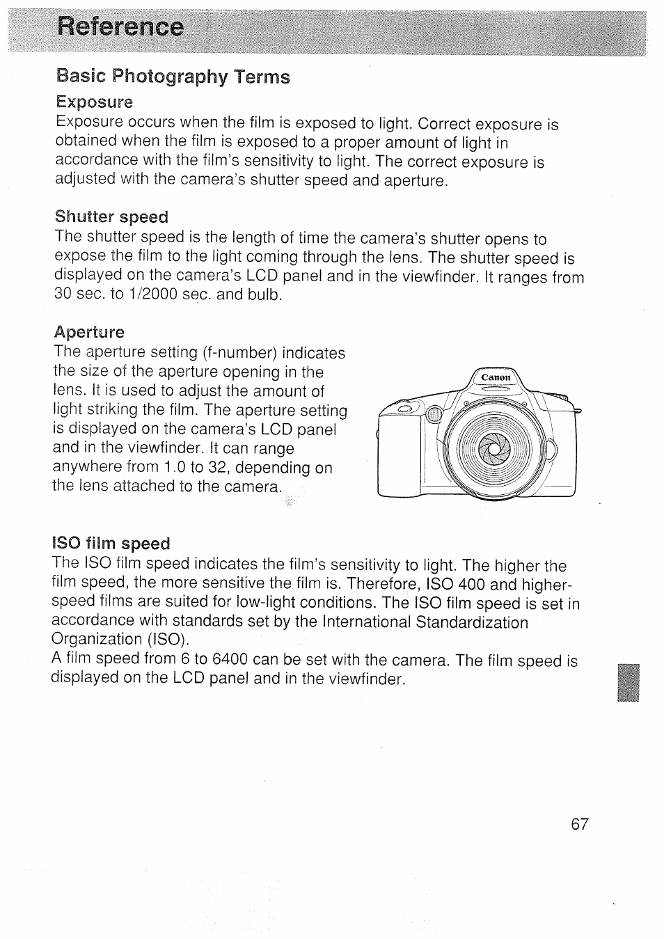 Reference, Basic photography terms | Canon EOS 3000 N User Manual | Page 67 / 83