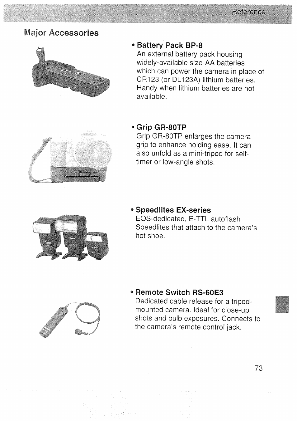 Speedlites ex-series, Remote switch rs-60e3, Major accessories | Canon EOS 3000 N User Manual | Page 73 / 83