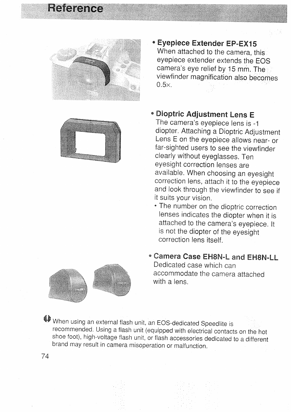 Eyepiece extender ep-ex15, Reference | Canon EOS 3000 N User Manual | Page 74 / 83