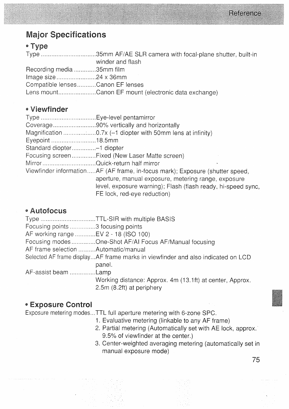 Exposure control, Major specifications, Type | Viewfinder, Autofocus | Canon EOS 3000 N User Manual | Page 75 / 83