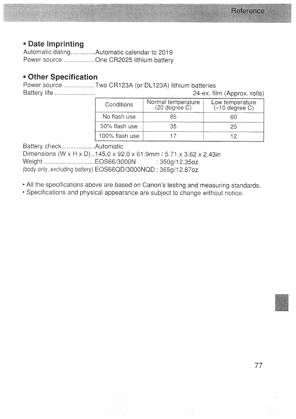 Date imprinting, Other specification, Major specifications | Canon EOS 3000 N User Manual | Page 77 / 83