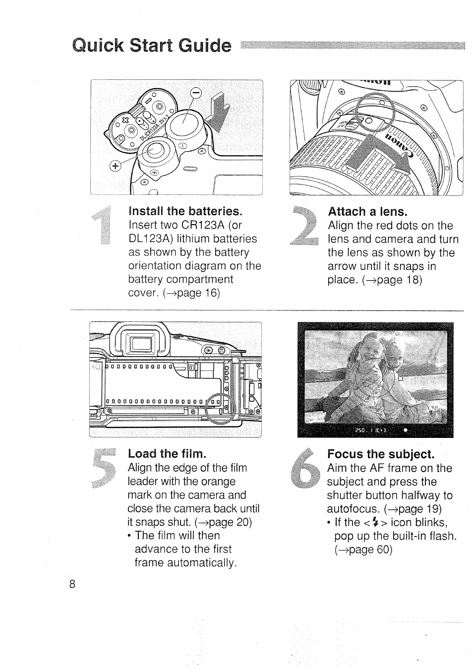 Quick start guide, Install the batteries, Attach a lens | Focus the subject | Canon EOS 3000 N User Manual | Page 8 / 83