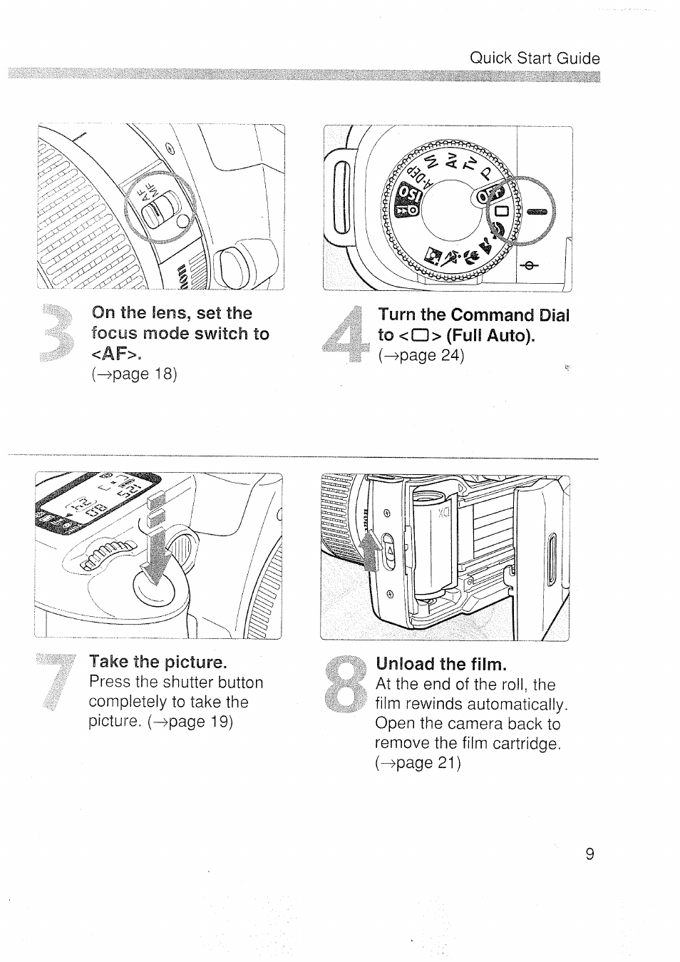 Turn the command dial to <a> (full auto), Unload the film | Canon EOS 3000 N User Manual | Page 9 / 83