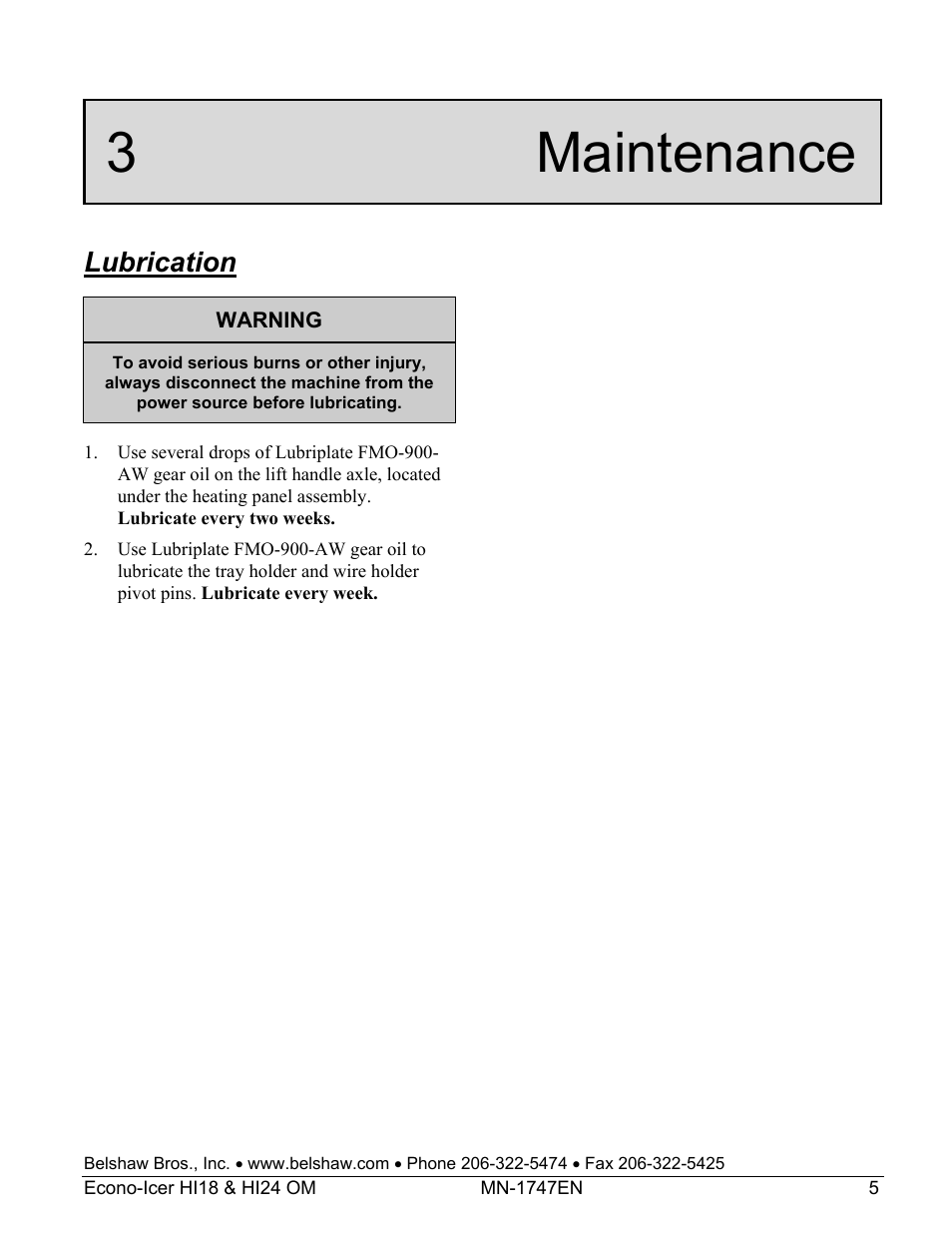 3 maintenance, Lubrication | Belshaw Adamatic HI18 Econo-Icer User Manual | Page 11 / 23