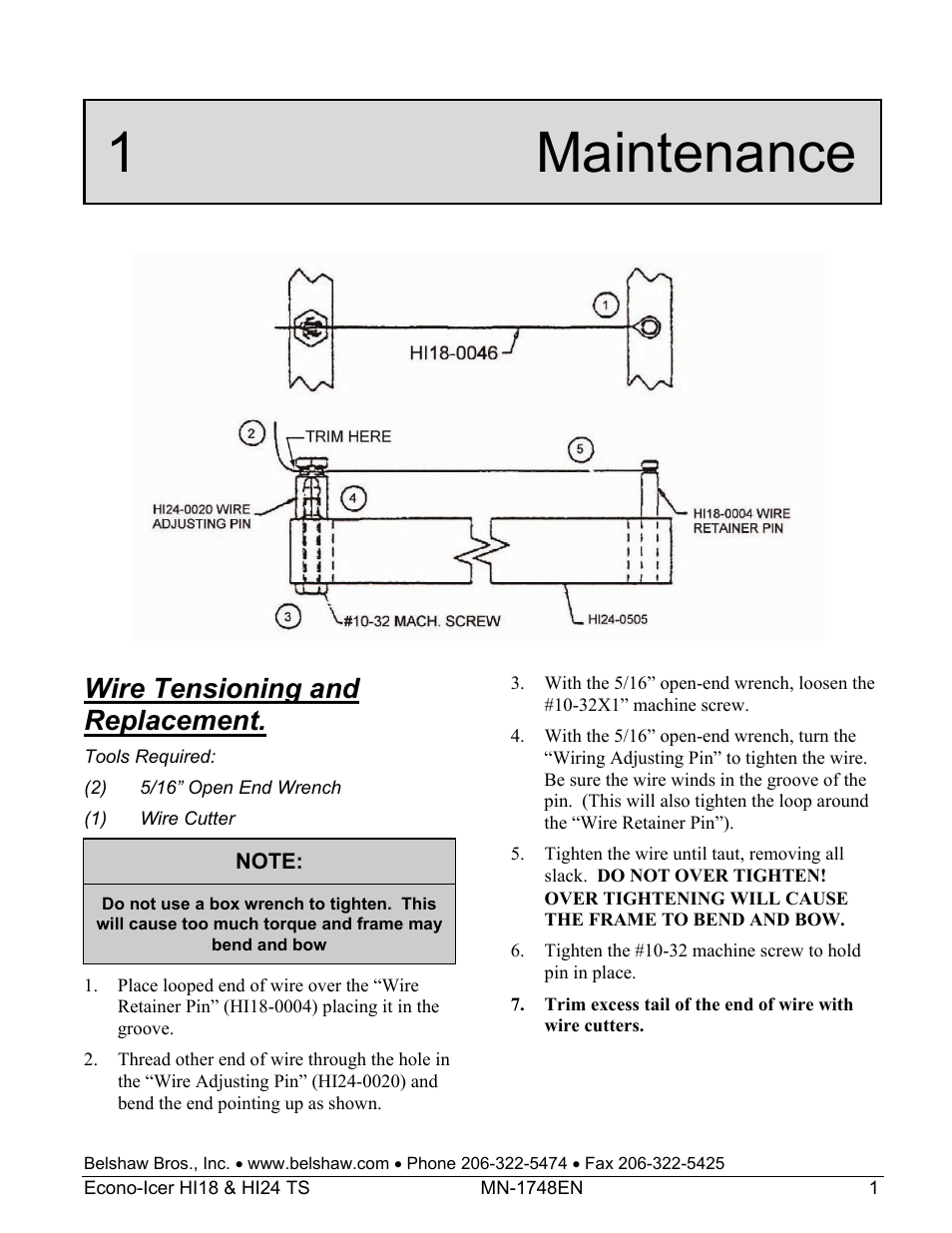 1 maintenance, Wire tensioning and replacement | Belshaw Adamatic HI18 Econo-Icer User Manual | Page 19 / 23