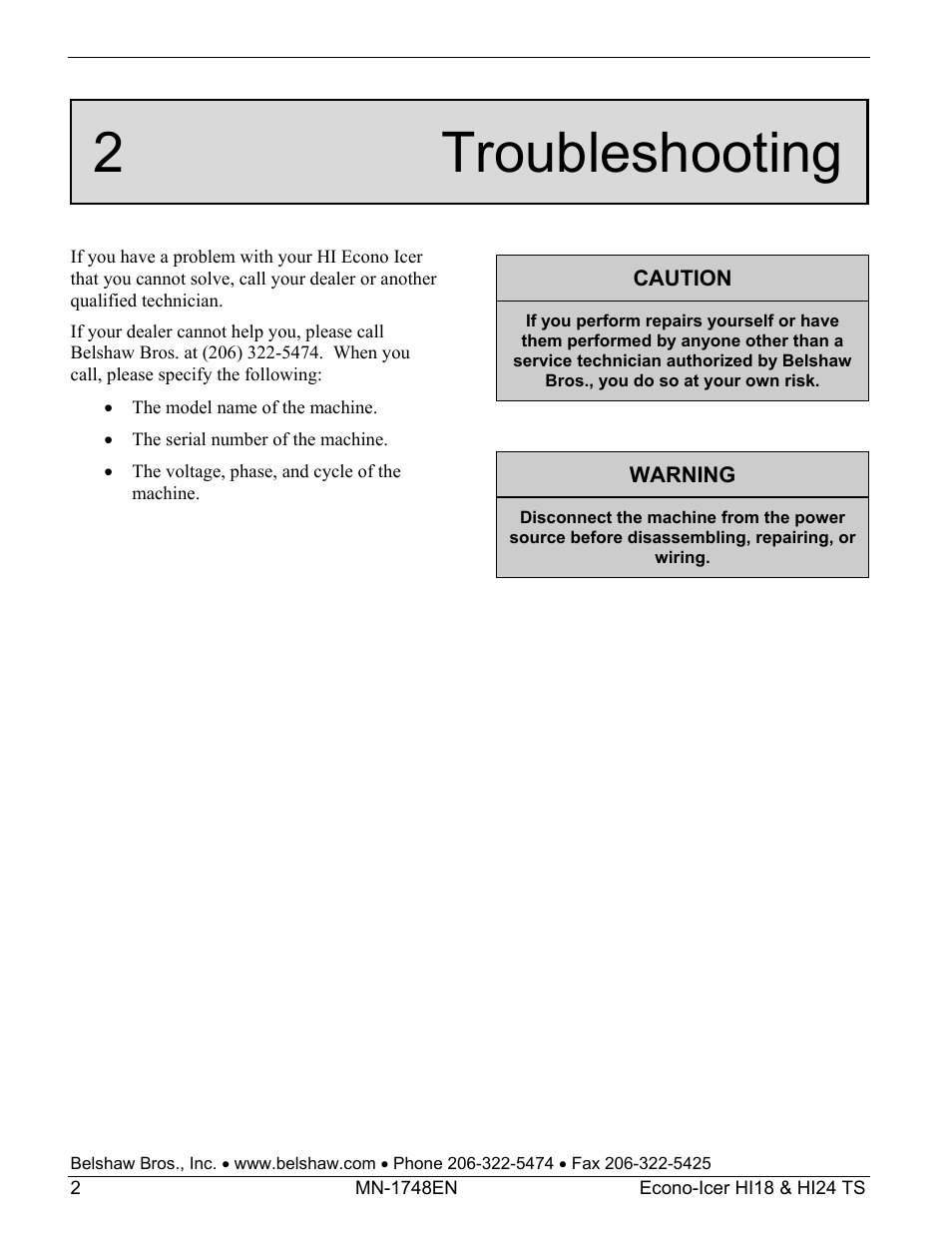 2 troubleshooting | Belshaw Adamatic HI18 Econo-Icer User Manual | Page 20 / 23