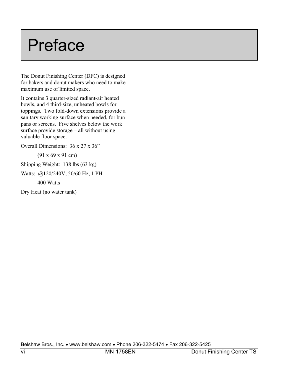 Preface | Belshaw Adamatic Donut Finishing Center User Manual | Page 14 / 19