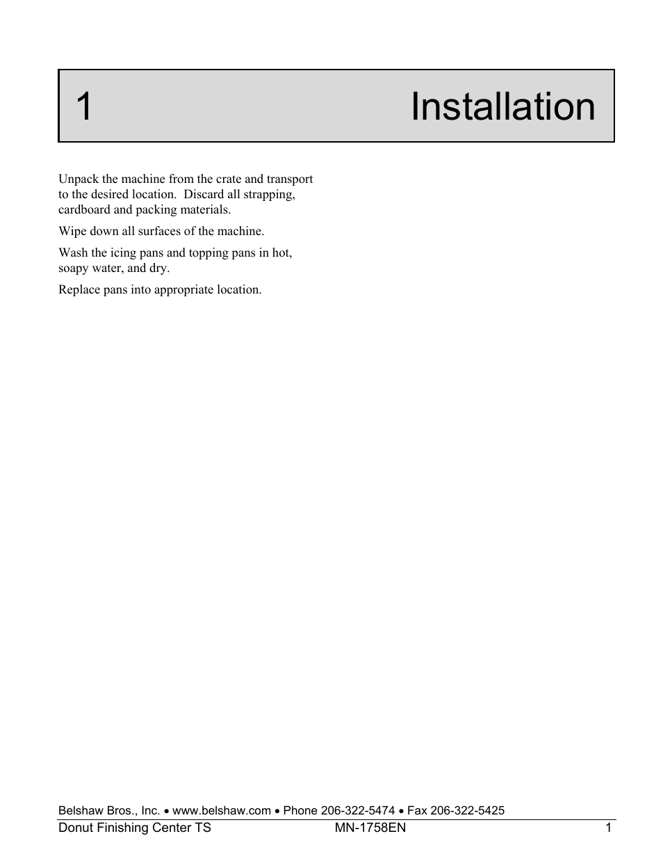 1 installation | Belshaw Adamatic Donut Finishing Center User Manual | Page 15 / 19