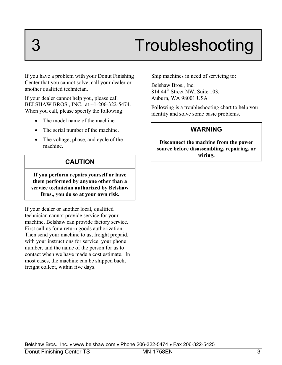 3 troubleshooting | Belshaw Adamatic Donut Finishing Center User Manual | Page 17 / 19