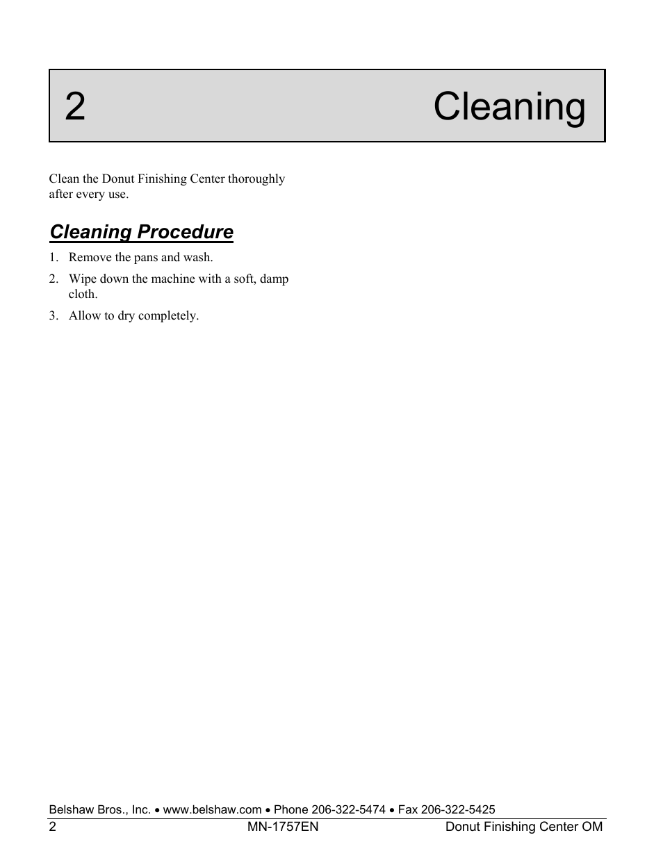 2 cleaning, Cleaning procedure | Belshaw Adamatic Donut Finishing Center User Manual | Page 8 / 19