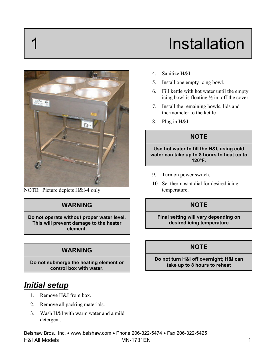 1 installation, Initial setup | Belshaw Adamatic H&I-2 Icer User Manual | Page 15 / 18