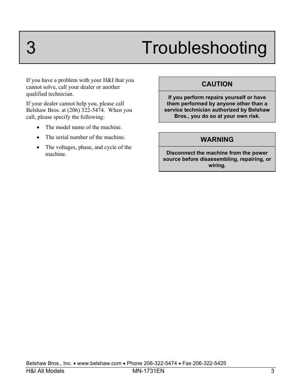 3 troubleshooting | Belshaw Adamatic H&I-2 Icer User Manual | Page 17 / 18