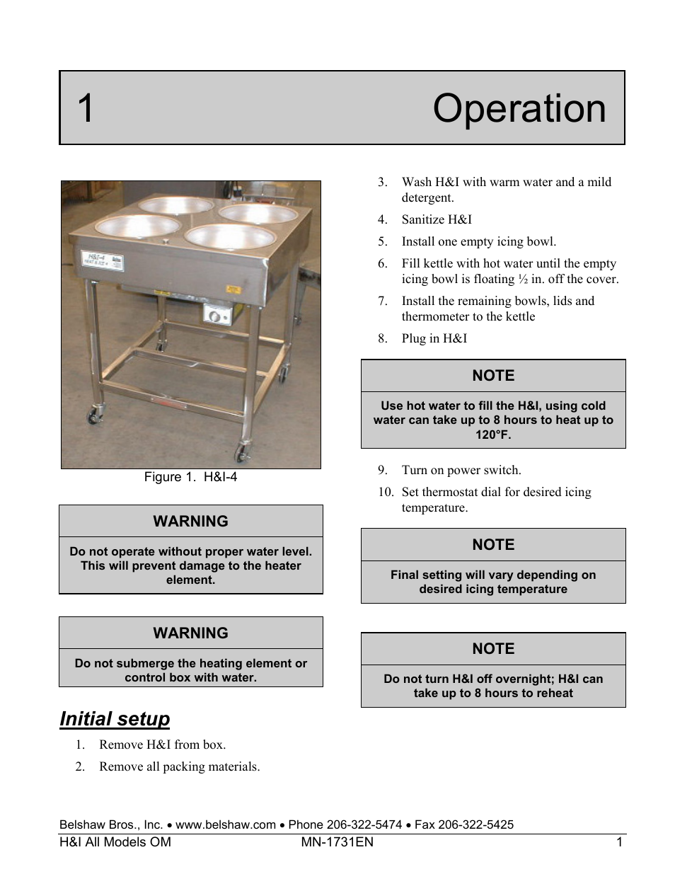 1 operation, Initial setup | Belshaw Adamatic H&I-2 Icer User Manual | Page 7 / 18