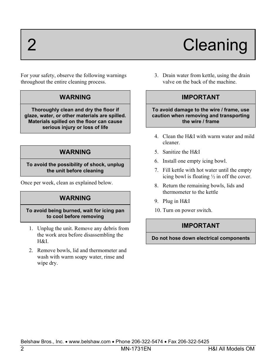 2 cleaning | Belshaw Adamatic H&I-2 Icer User Manual | Page 8 / 18