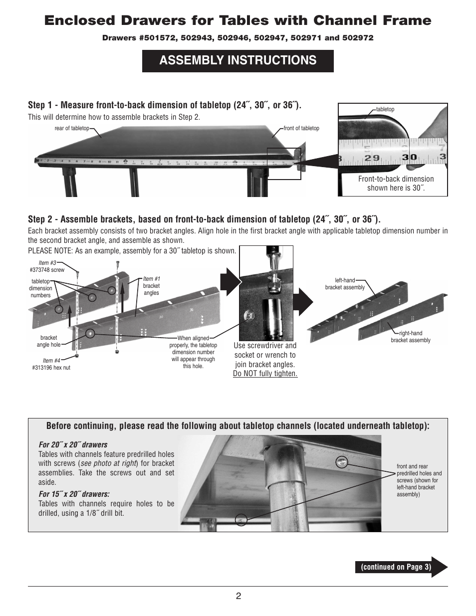 Enclosed drawers for tables with channel frame, Assembly instructions | Belshaw Adamatic Sugaring Table User Manual | Page 2 / 9