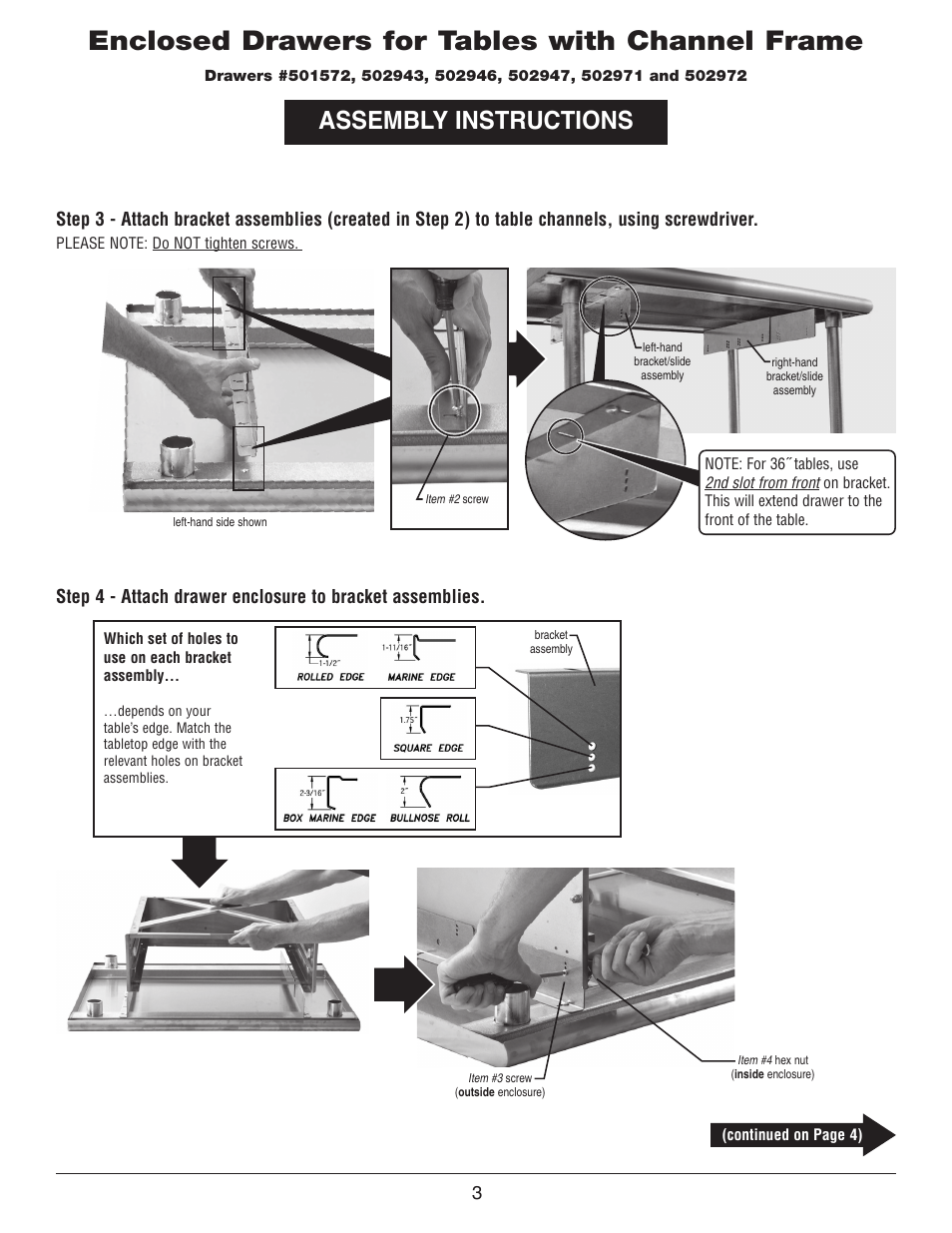 Enclosed drawers for tables with channel frame, Assembly instructions | Belshaw Adamatic Sugaring Table User Manual | Page 3 / 9