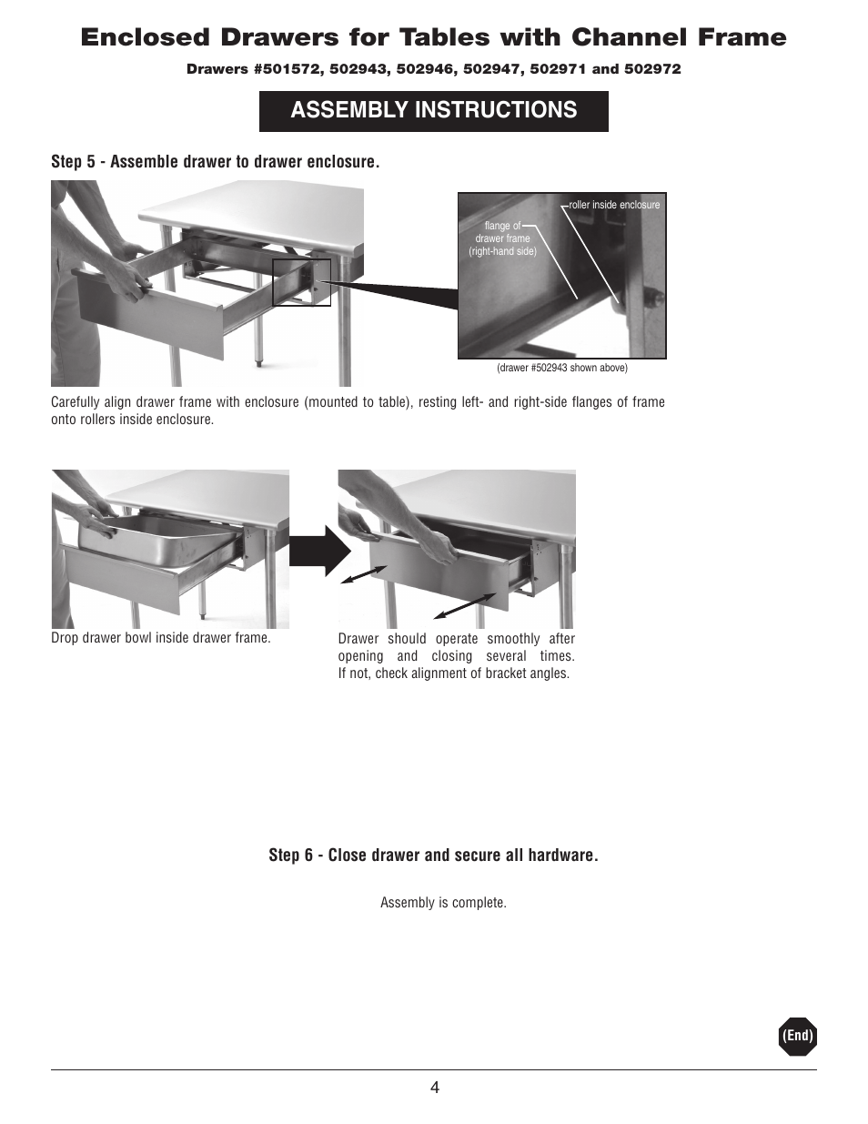 Enclosed drawers for tables with channel frame, Assembly instructions | Belshaw Adamatic Sugaring Table User Manual | Page 4 / 9