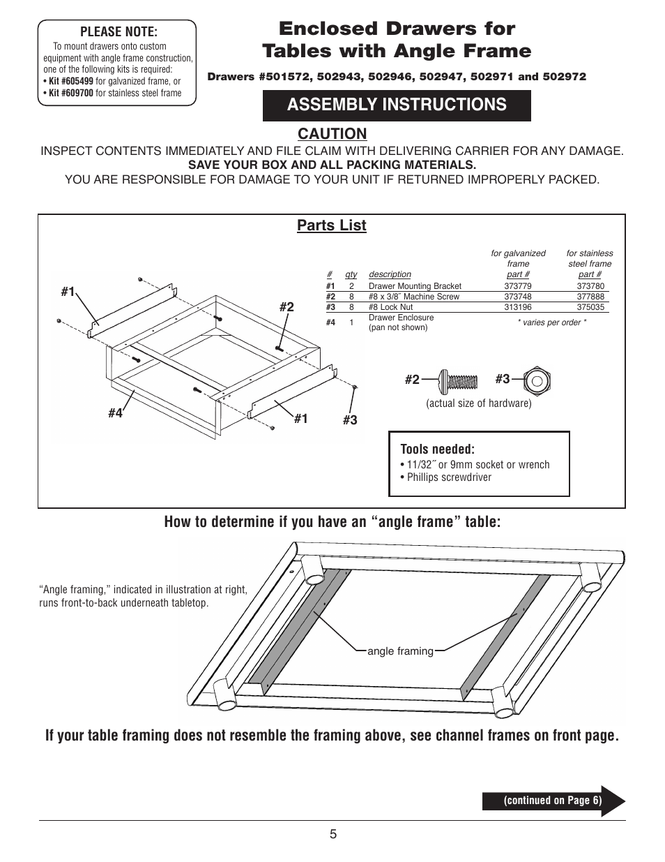 Enclosed drawers for tables with angle frame, Assembly instructions, Parts list | Caution | Belshaw Adamatic Sugaring Table User Manual | Page 5 / 9