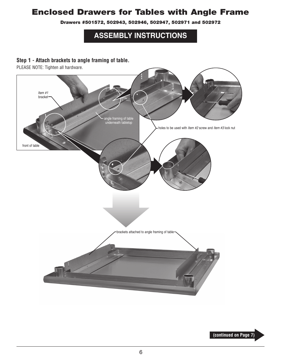 Enclosed drawers for tables with angle frame, Assembly instructions | Belshaw Adamatic Sugaring Table User Manual | Page 6 / 9