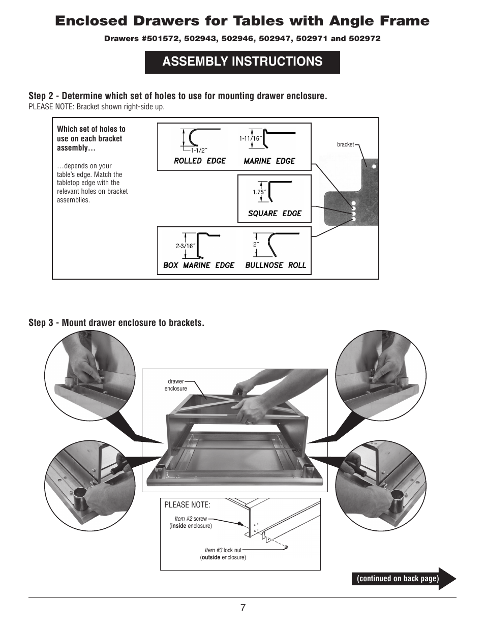 Enclosed drawers for tables with angle frame, Assembly instructions | Belshaw Adamatic Sugaring Table User Manual | Page 7 / 9